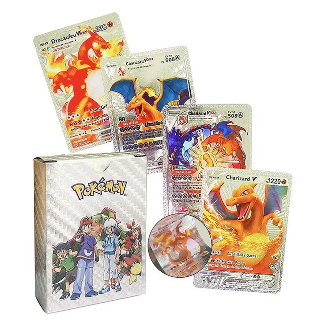 Pachet de cărți Pokémon VMax Cărți Pokémon strălucitoare Cărți de colecție Pokémon Set de cărți de joc, argintie, 55 buc