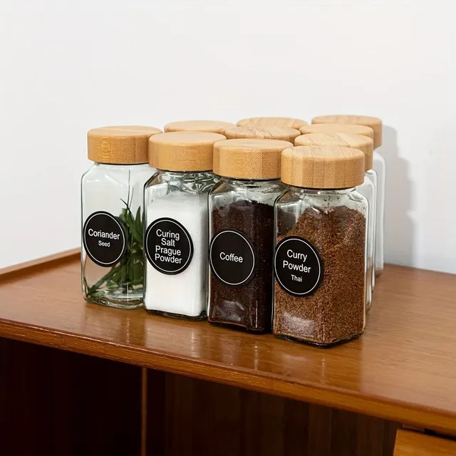 Spice bottles with labels, tempered glass with airtight bamboo lid, funnel for easy refilling and filling cap - Kitchen organization