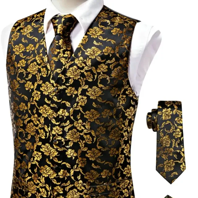 Male vintage sleeveless vest with elegant cut and floral pattern, formal set - vest, tie, cuff links and handkerchiefs