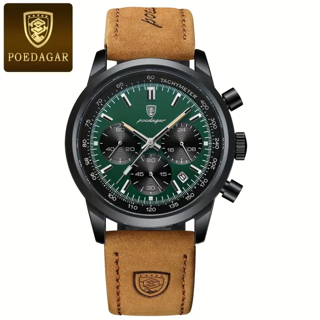 Men's chronograph watch business/free time quartz with luminance, analog, with PU leather strap, with data indicator