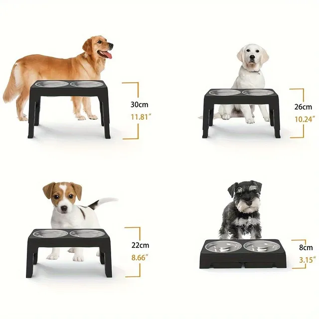 Adjustable stand for dog bowls - Elevated, stainless steel bowls, for small, medium and large dogs