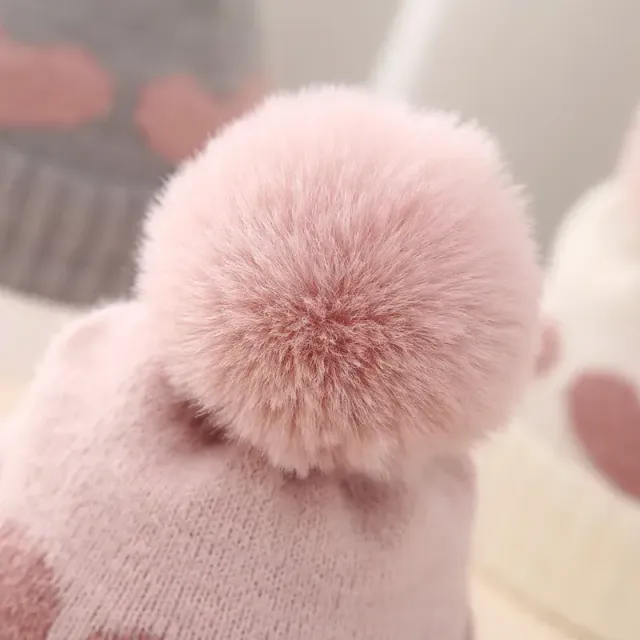 Cappello invernale per neonati con pompon di pelliccia e stampa di cuori - cappello rosa lavorato a maglia per neonati, bambini e bambine