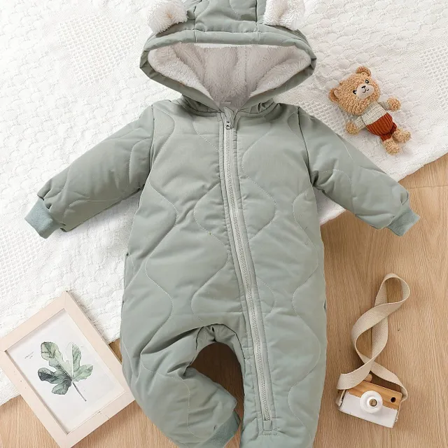 Warm baby jumpsuit with hood, long sleeve and zipper - for comfortable winter walks