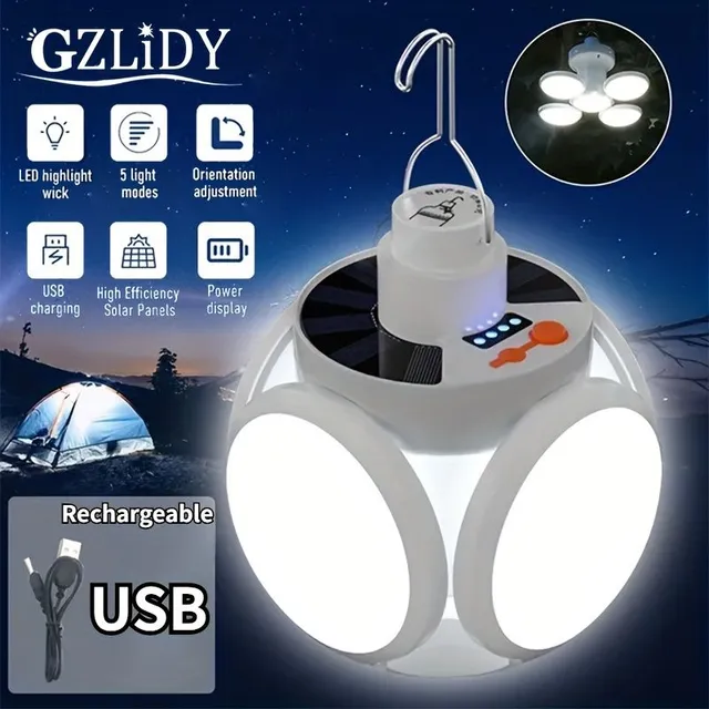 Lumină solară pliabilă, lampă LED portabilă cu încărcare USB, afișaj de alimentare, pentru camping, drumeții și pescuit