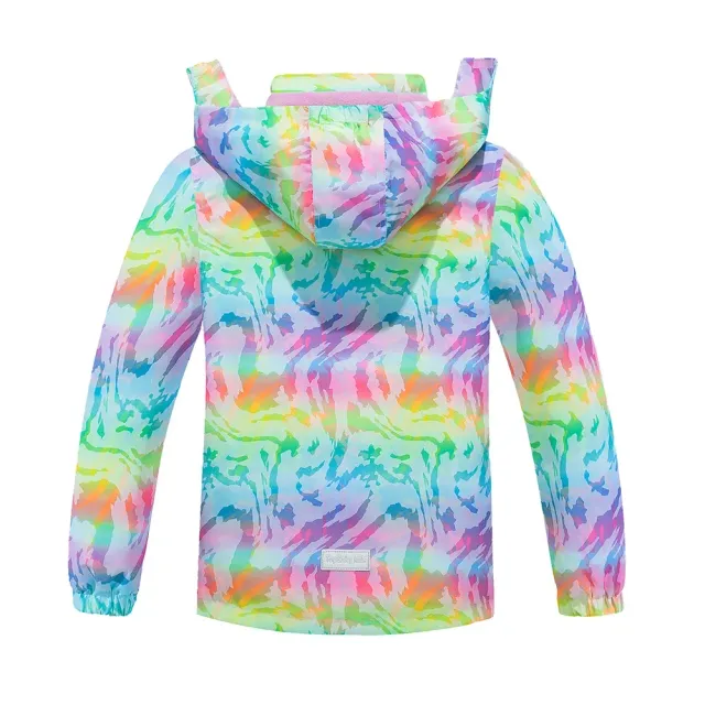 Girl rain jacket with hood and camouflage in rainbow colors - Waterproof and light baby jacket with removable hood and fleece lining