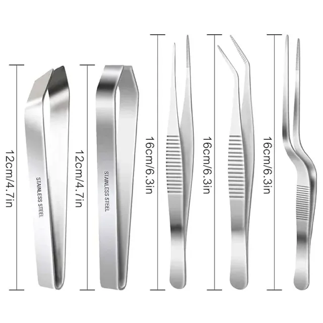 5 piece set of precision tweezers made of stainless steel - includes tweezers with striated tips, straight and slanted tweezers