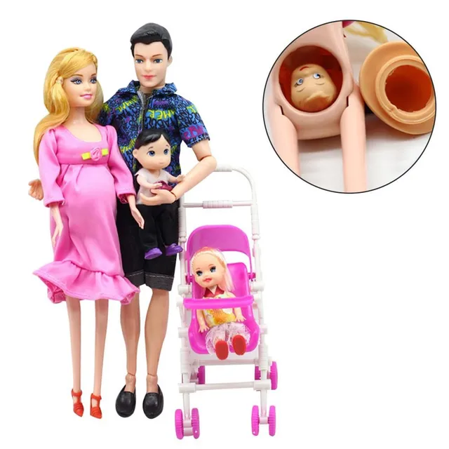 Pregnant Barbie doll with family and stroller