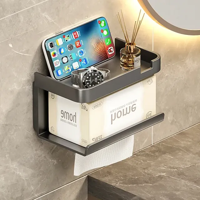 Wall holder of toilet paper with storage space and storage tray for telephone