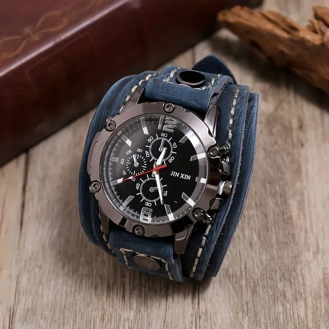 Male Vintage watch with hand-stitched PU leather bracelet