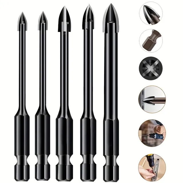 Universal drill with cross grinding - 5 pcs set, 3/4/5/6/8 mm, hard metal, for glass, ceramics, wood