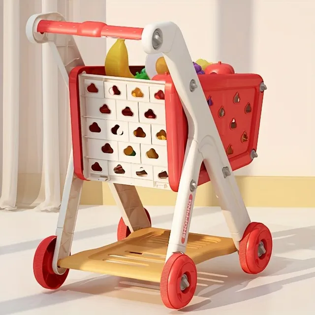 Cărucior de cumpărături pentru copii cu bucătărie și alimente - Joc de magazin, gătit și puzzle într-un singur produs
