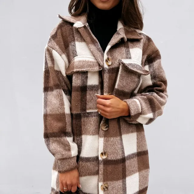 Long plaid coat with long sleeves in wool blend coffee m