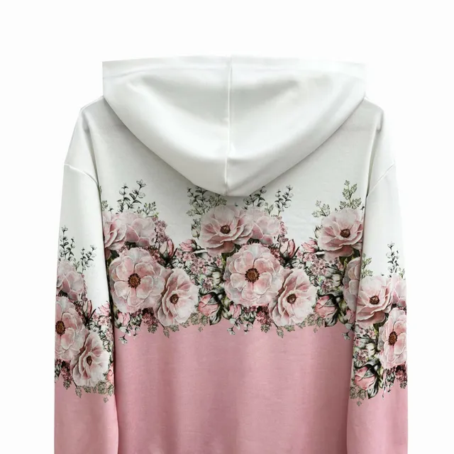 Women's sweatshirt with flower pattern for zipper and string - lazy sweatshirt with long sleeves and slippery pockets