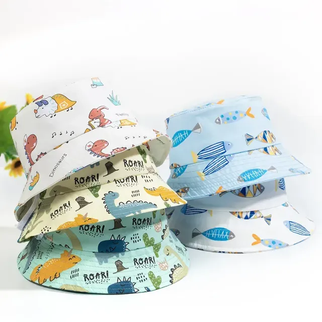 Children's bucket hat with print of cartoon dinosaurs for boys and girls - cute animal fishing hat for infants, summer baby panama hat, sun cap, beret