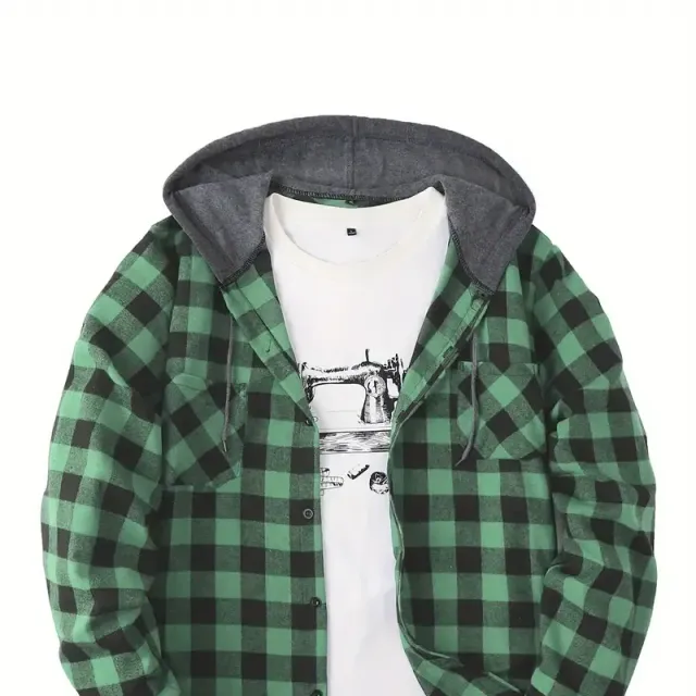 Men's plaid shirt jacket with long sleeves, hood and button closure - Regular fit