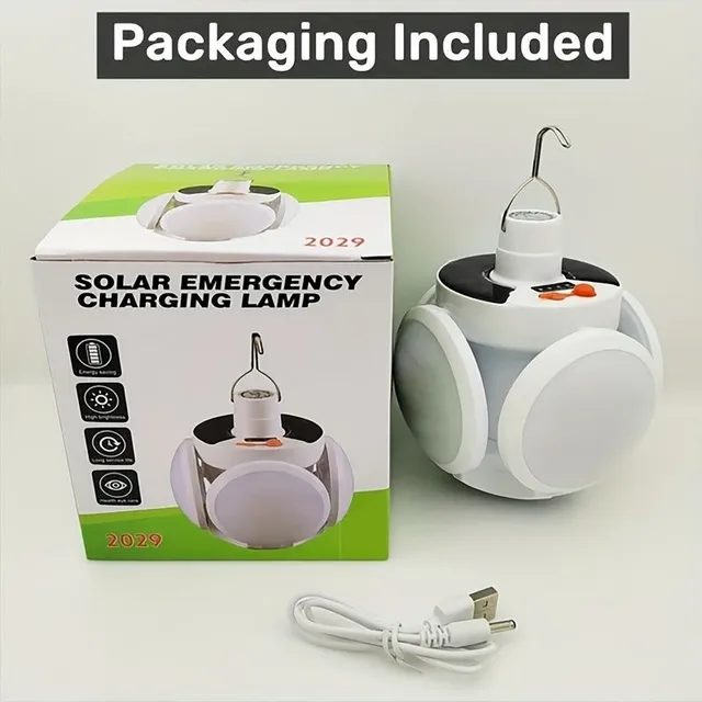 Solar folding light, portable USB rechargeable LED light bulb with power display, camping, hiking and fishing