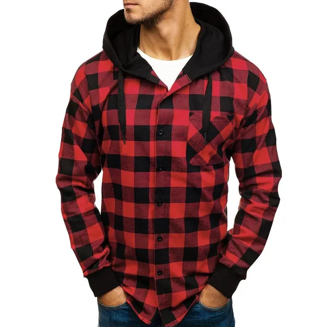 Men's fashionable hooded plaid shirt