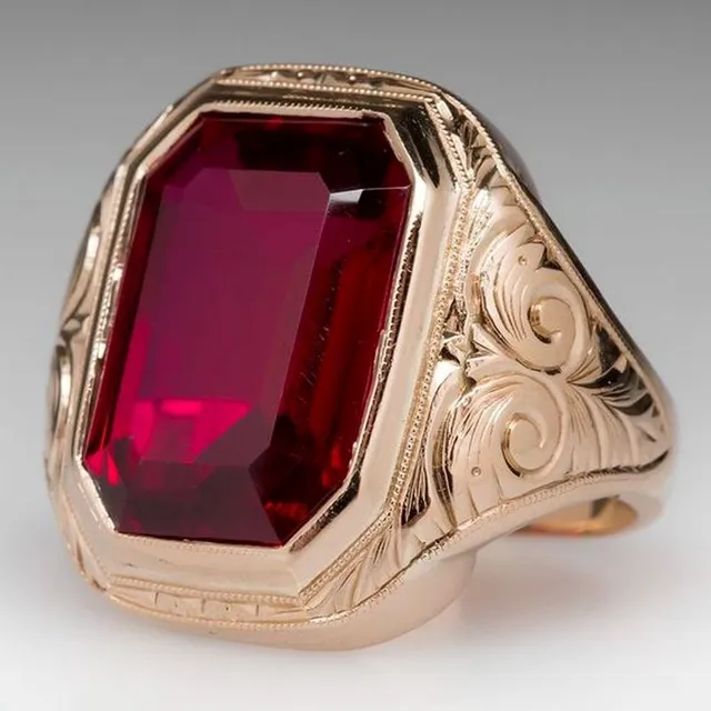 Duży męski pierścionek vintage z czerwonym kamieniem
