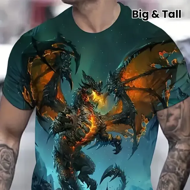 Summer men's T-shirt with flying dragon printing, larger size