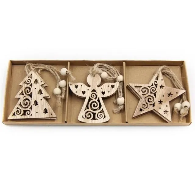 Wooden Christmas snowflakes for tree 12 pcs