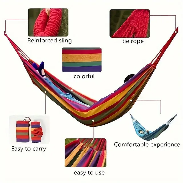 Colour striped outdoor hammock with reinforced curtain and rope