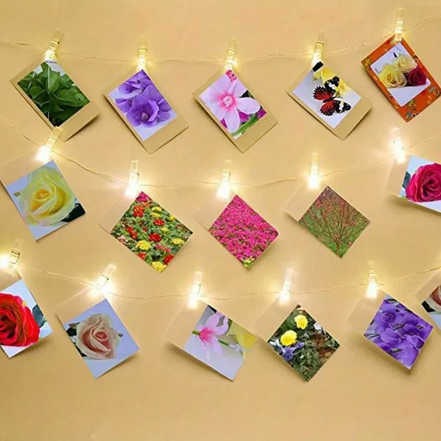 Světelný řetěz s klipsy na fotky - 100 LED diod, 40 dřevěných klipů, na fotografie, párty, vánoční a halloweenské dekorace