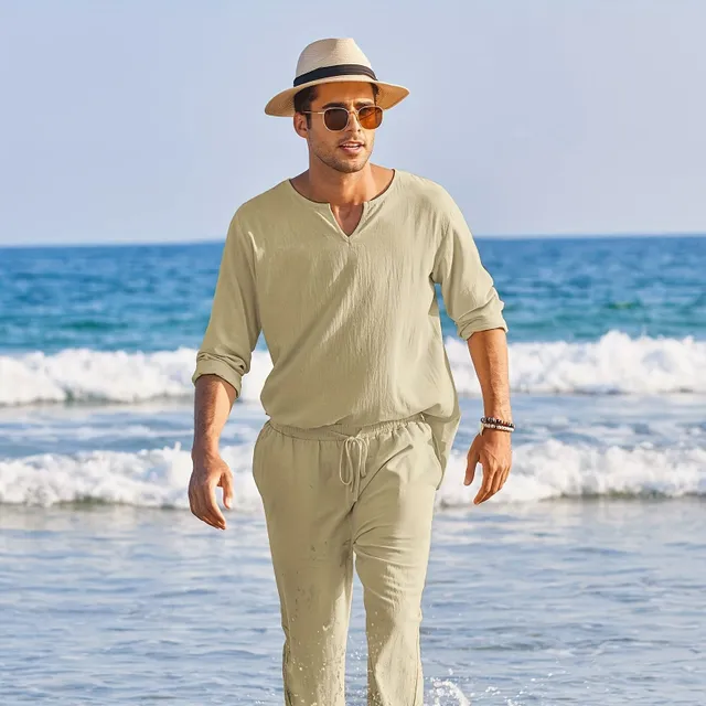 Men's 2-piece cotton and linen set - Casual T-shirt with V neckline and trousers with drawstring for summer and autumn