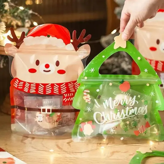 Zestaw 10 świątecznych torebek na słodycze w kształcie choinki lub renifera