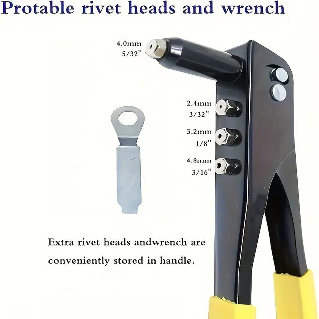 Riveting set with hand-held rivet, contains aluminium rivets. Suitable for metal, plastic and artificial leather