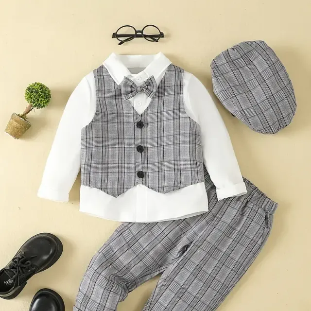 Chlapecký společenský oblek pro gentlemana - košile s mašlí, kalhoty, vesta a klobouk - sada dětského oblečení na soutěž, představení, svatbu nebo banket
