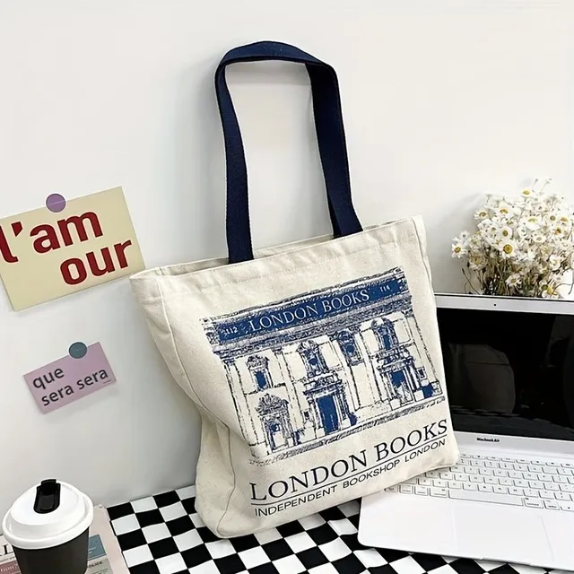 1pc vintage retro simple london bookstore pattern canvas bag for strap, literary bag over shoulder