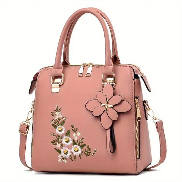 Geantă de damă - Tip crossbody, cu model floral brodat, breloc (2 în 1)