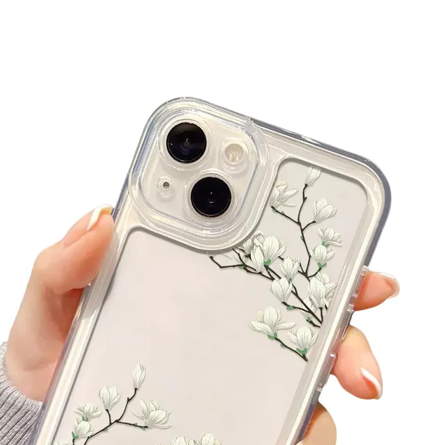 Transparent protective cover for iPhone 15 Pro Max, white blooming branches