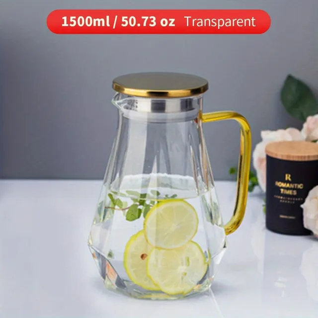 Rezistentná sklenená kanvica s vodou 1,5 l s vekom - ideálna pre teplé a studené nápoje