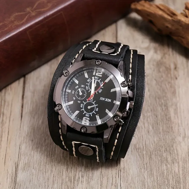 Male Vintage watch with hand-stitched PU leather bracelet