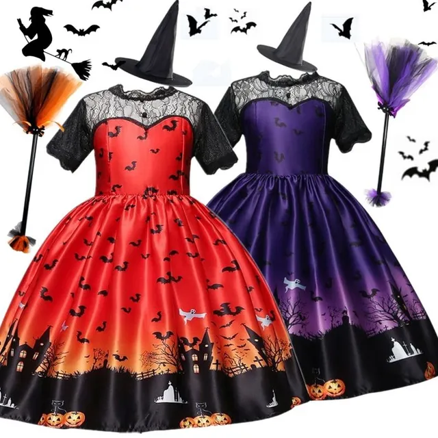 Dětský kostým kouzelné čarodějnice s netopýrem pro dívky