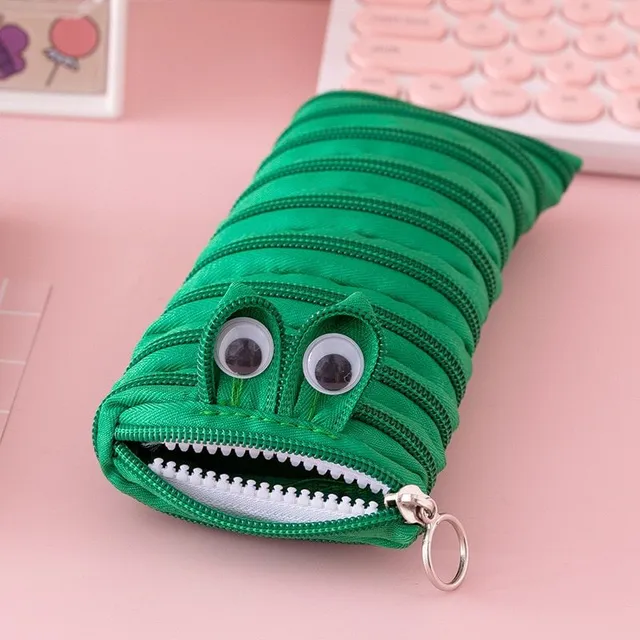 Original modern one-colour funny school pencil case in the shape of a cute worm with moving eyes