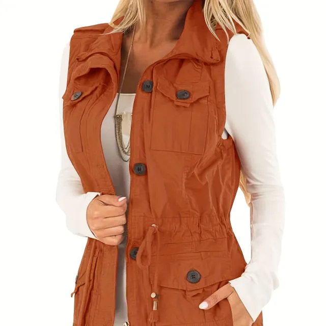 Solid Vest With Capsules On Clops And String, Universal Handless Vest With Zip For Spring And Autumn, Women's Clothing