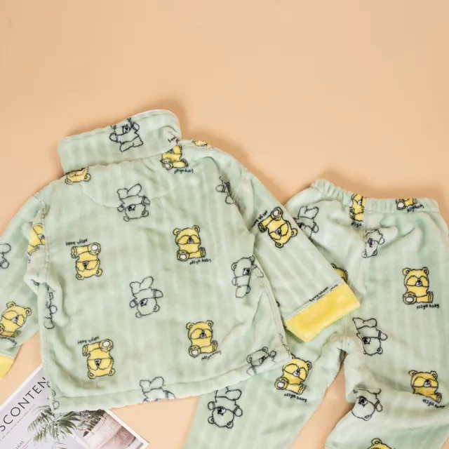 Ensemble de pyjama pour enfant avec ours, flanelle chaude, manches longues, poche