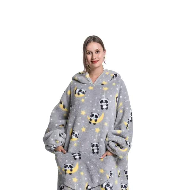 Wearable blanket with hood of stuffed animal and sherpa fleece for adults