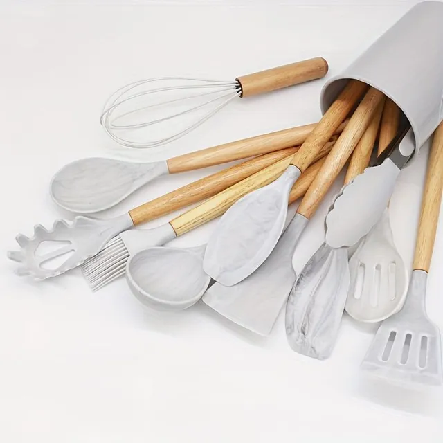 Ensemble de 12 pièces d'ustensiles en silicone, ensemble de cuisine kaki avec poignée en bois, ustensiles de cuisson sécurisés, ustensiles de cuisine avec surface antiadhésive, vaisselle moderne lavable, accessoires de cuisine, fournitures de cuisine, fournitures scolaires, retour à l'école