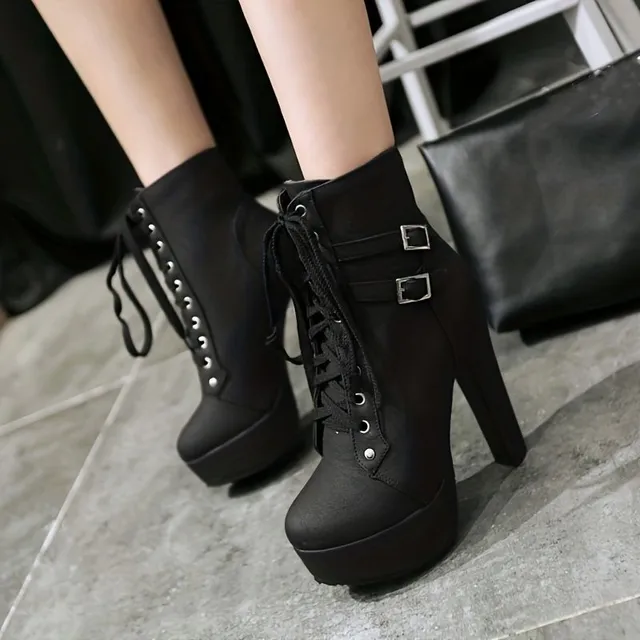 Women's ankle boots on block heel with lace, single color, fashionable and comfortable