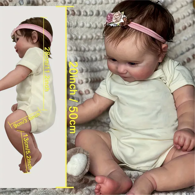 Păpușă Reborn Baby Dolls din silicon și vinil de 20 inch (50 cm) - Păpușă realistă pentru nou-născuți cu păr brun, anatomic corectă, jucărie lavabilă, cadouri