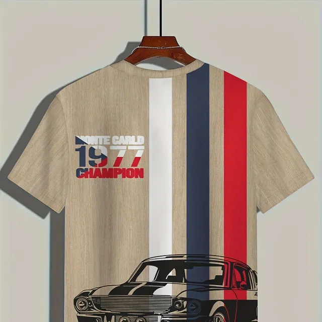 Men's striped T-shirt with car printing, casual with short sleeve and round neckline for outdoor wearing