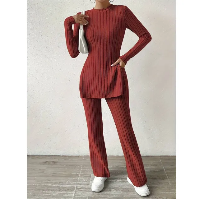 Set două piese pentru femei din tricot canelat - mâneci lungi, decolteu în V, fermoar, pantaloni slim