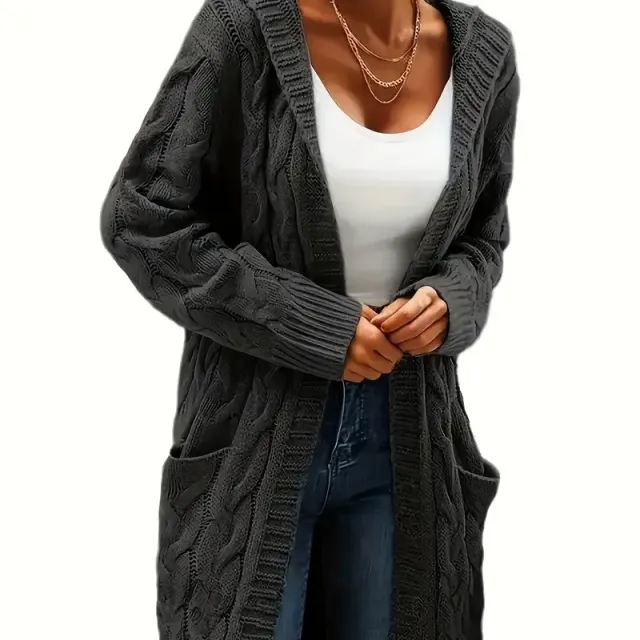 Cardigan da donna con cappuccio con motivo a cavi, maniche lunghe, lunghezza media, tasche - tinta unita