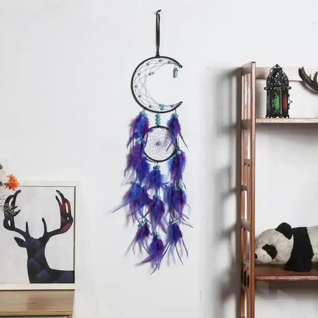 Design handmade dream catcher - moon shaped, with feathers, tuning into purple color