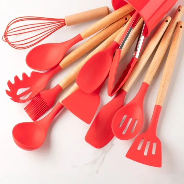 Kitchen utensils made of silicone with wooden handle - Set of 12 pieces