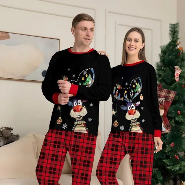 Christmas family pajamas with deer printing - matching pajama sets for parents and children