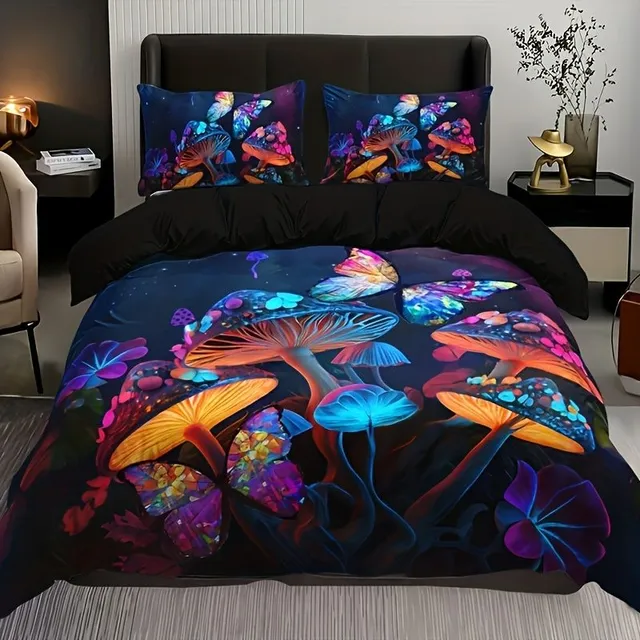 Breathable set of bed sheets with colourful motif of mushrooms and butterflies - Soft bed sheets in the bedroom and guest rooms